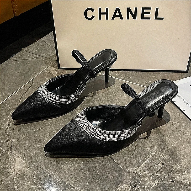 Тапочки на высоком каблуке с кристаллами женские туфли-лодочки острым носком