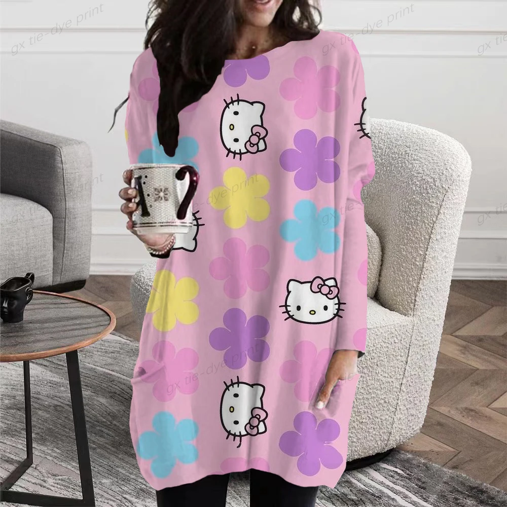 

Женская футболка с рисунком Hello Kitty, повседневный милый пуловер с круглым вырезом и длинным рукавом, женская летняя Милая уличная одежда в стиле Харадзюку, 2023