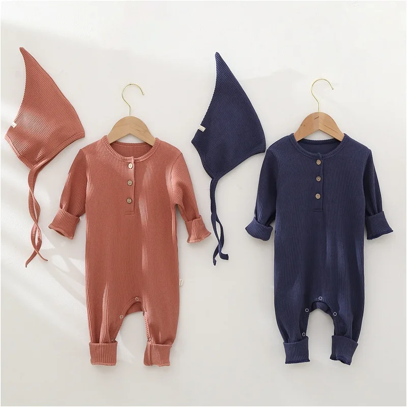 0-24M Baby Romper Cotton Pit Strip Baby Boy Girl Clothes Autumn Spring Bodysuit Solid Newborn Clothing With Hat