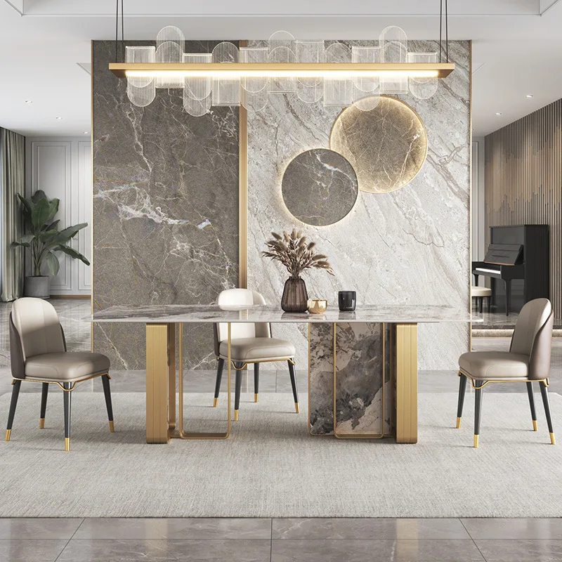 

Rock slab dining table simple rectangular light luxury stainless steel dining table and chairs high-end villa furniture