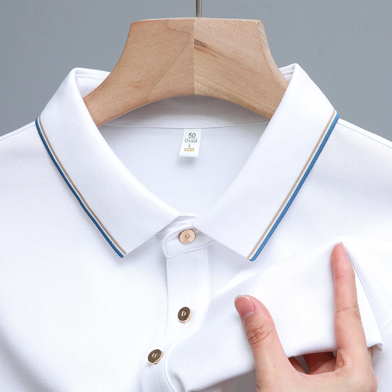 

Роскошная Летняя мужская рубашка-поло из чистого хлопка с отложным воротником, однотонная Модная рубашка-поло с коротким рукавом, вырез 2023, в полоску, модная повседневная рубашка