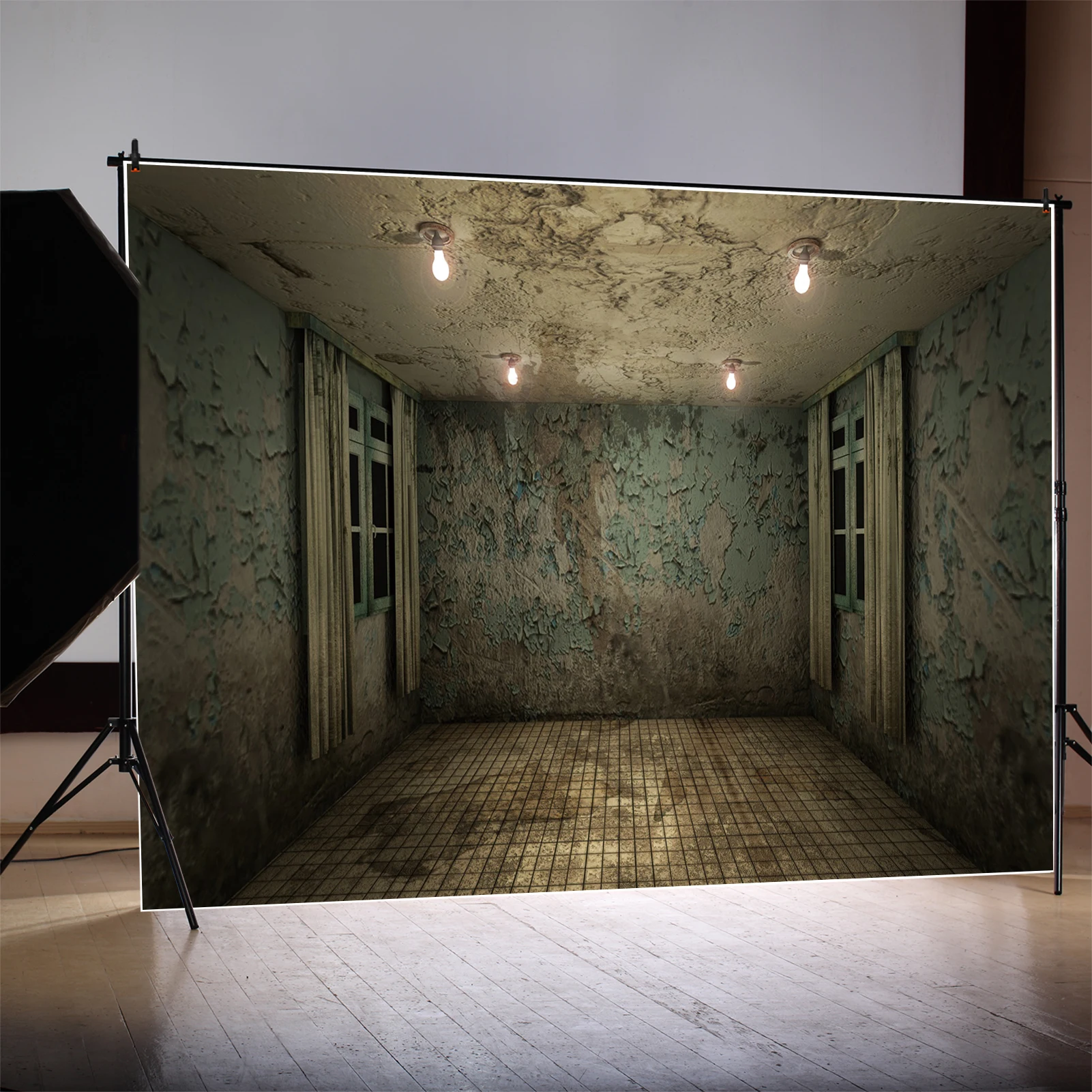 

MOON.QG Backdrop Halloween Grunge Blue Window Curtain Room Background Customized Faded Wall White Tile Floor Photo Booth Props