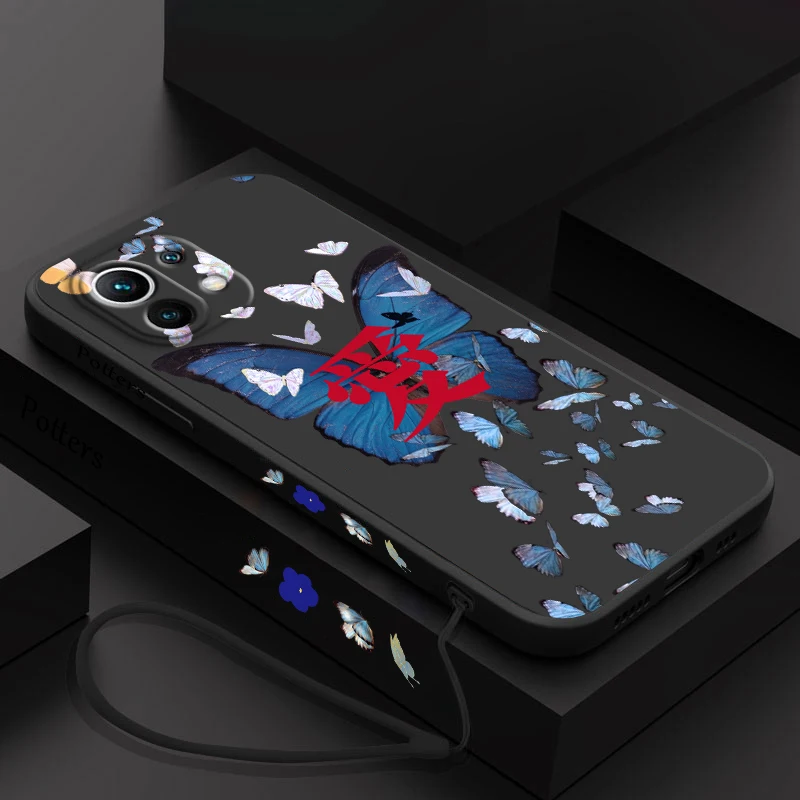 

Blue Beautiful Butterfly For Xiaomi Mi 13 12S 12 12T 12X 11i 11T 11 10 10S Pro Lite Ultra Liquid Left Rope Phone Case
