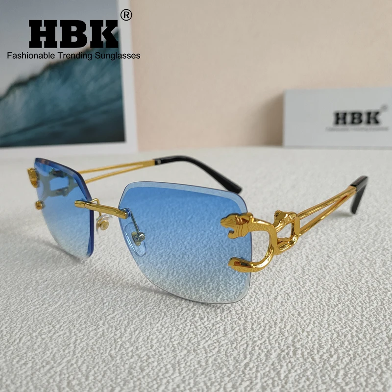 

HBK Frameless Cheetah Head Sunglasses Women Men Double Beam Cut Edge Square Rimless Sun Glasses Vintage UV400 Oculos De Sol