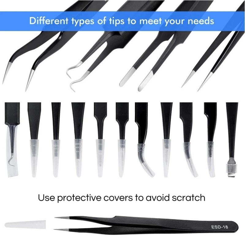 

12 PCS Tweezers Kits with Double-head Metal Crowbar Precise Instruments Arc-bent Tweezers for Computer Repairing M4YD
