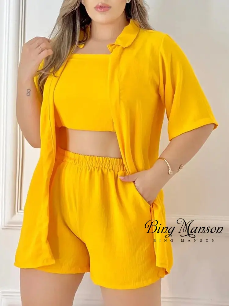 

2023 Spring/Summer Women's Pants Set Try A Shirt Coat Wrap Chest Top Shorts Three Piece Solid Color Casual Set