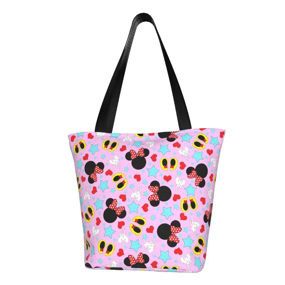 

Cute Minnie Mickey Pattern Grocery Shopping Tote Bag Women Cute Anime Canvas Shoulder Shopper Bags Big Capacity Handbags