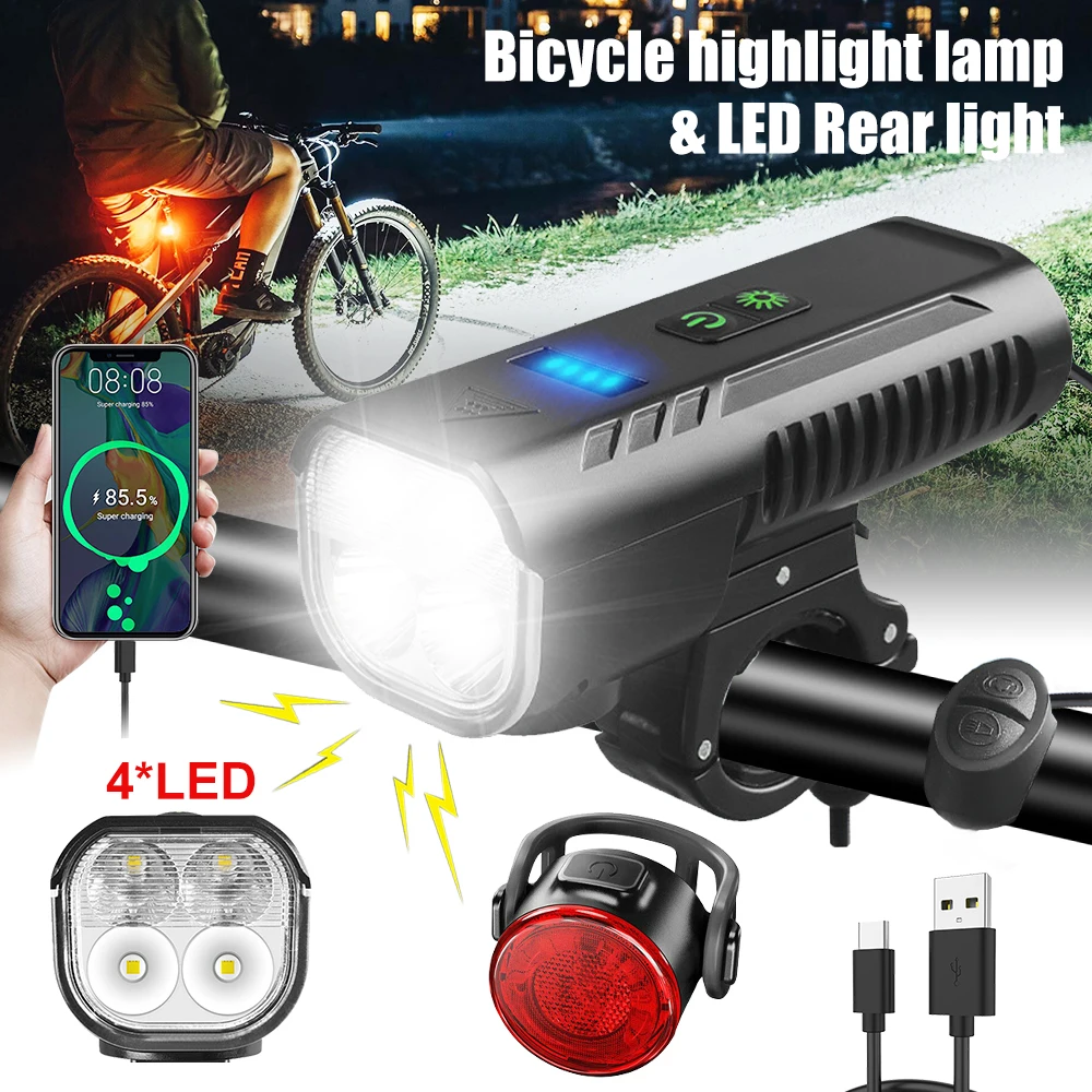 

Waterproof 4 LED Bike Light USB Charging 5000lm 8 Light Modes Safety Night MTB Cycling Lamp with Remote Control 130dB Bike Horn