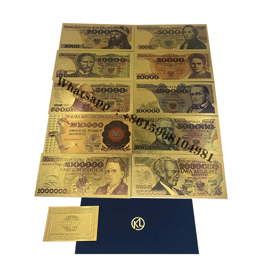 

10 Designs Poland Gold Banknotes Large Amount PLN for Partriotism Crafts Collection Gift