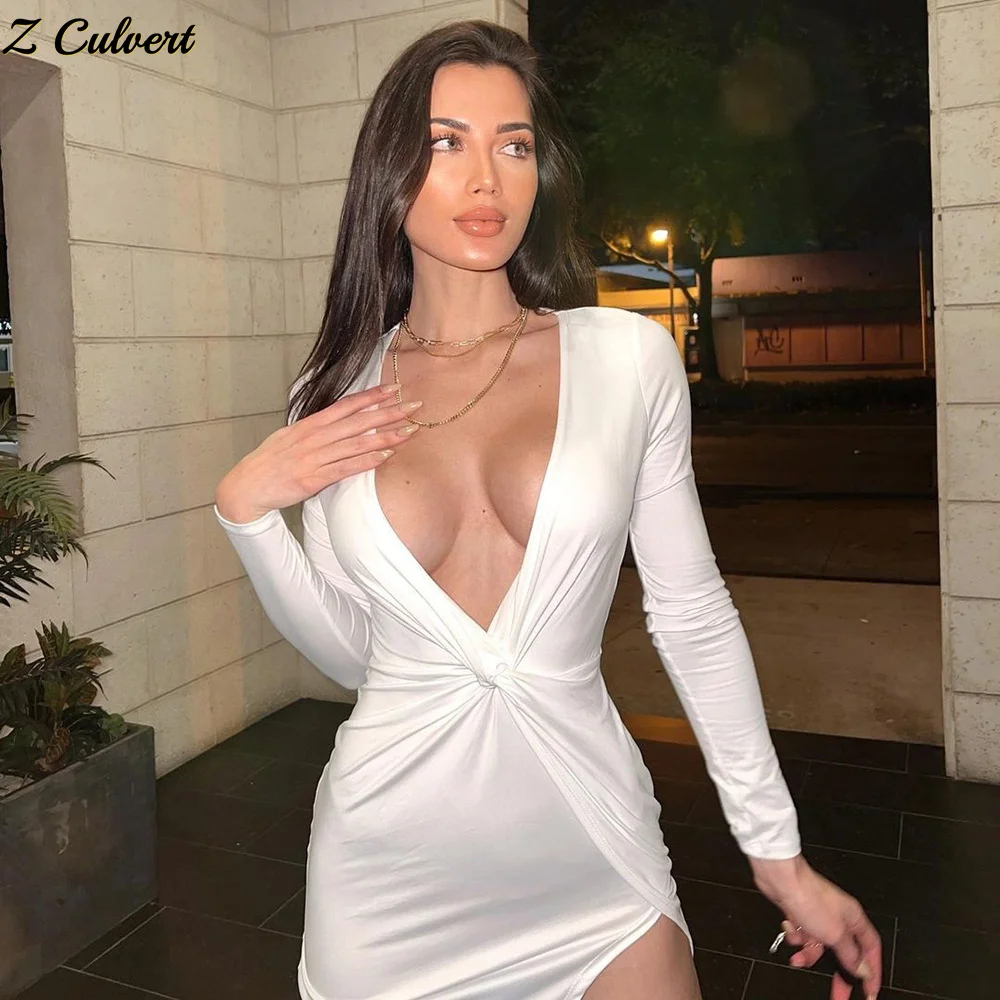 

Z Culvert 2022 Spring Summer Fashion Solid Sexy Deep V Neck Long Sleeve Hollow Out Ruched Split fork Slim asymmetrical dresses