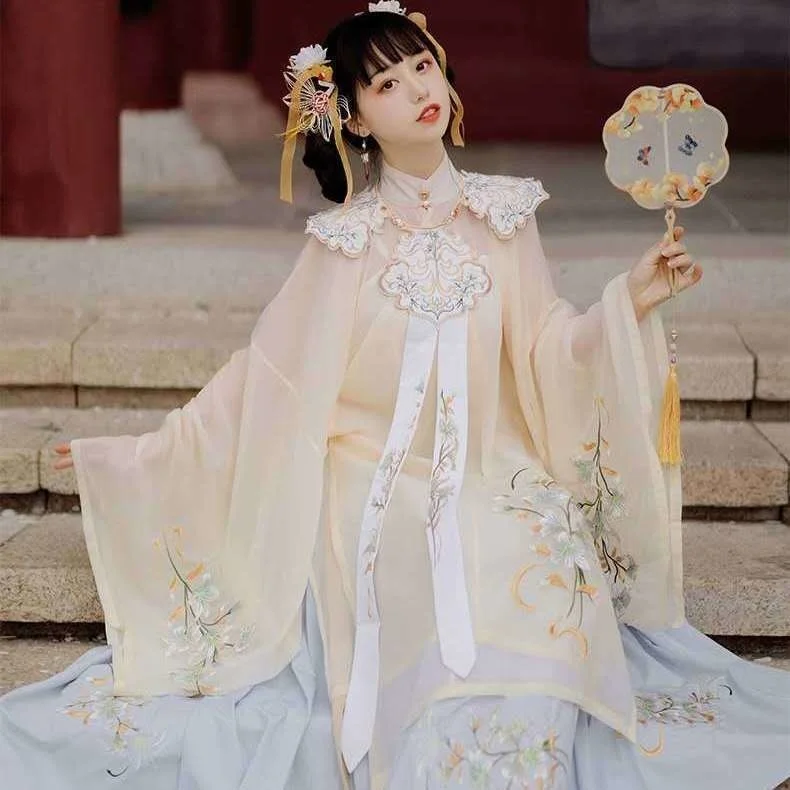 

2023 Hanfu Female Costume Adult Student Ming Made Chinese Style Improved Waist-length Sarong Daily Collar Sets Powder Hanfu