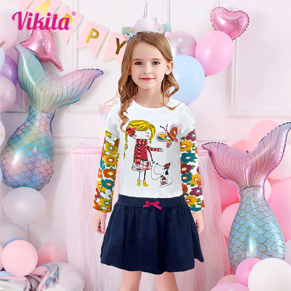 Купи VIKITA Girls Flower Dresses Children Cotton Dress Long Sleeve Autumn Winter Cartoon Kids Dress For Girls Roupa Infantil Menina за 647 рублей в магазине AliExpress