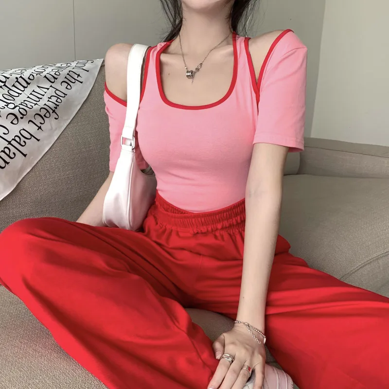 

U-neck Hollow Short-sleeved y2k T-shirt Women's Summer 2022 New Design Sense Niche Color Matching Slim Short Tops Trendy