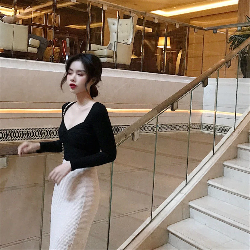 Топ женский с квадратным вырезом пикантная футболка длинным рукавом и V-образным