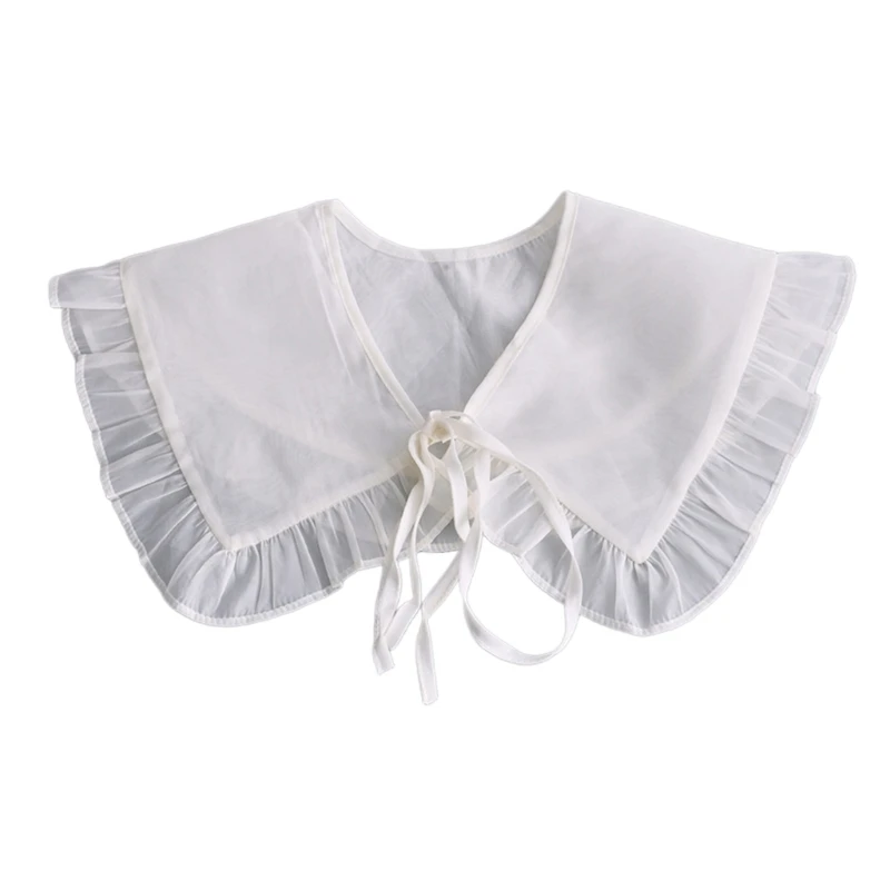 

Women Elegant Faux Collar Big Shawl Wrap Sweet Ruffled Lace Trim Sold Color White Bowknot Capelet with Self-tie Ribbon