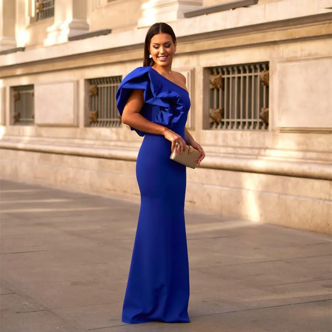 

Long Royal Blue Crepe Evening Dresses Mermaid One Shoulder Floor Length Formal Customize To Measure For Women Saudi Arabic Gown