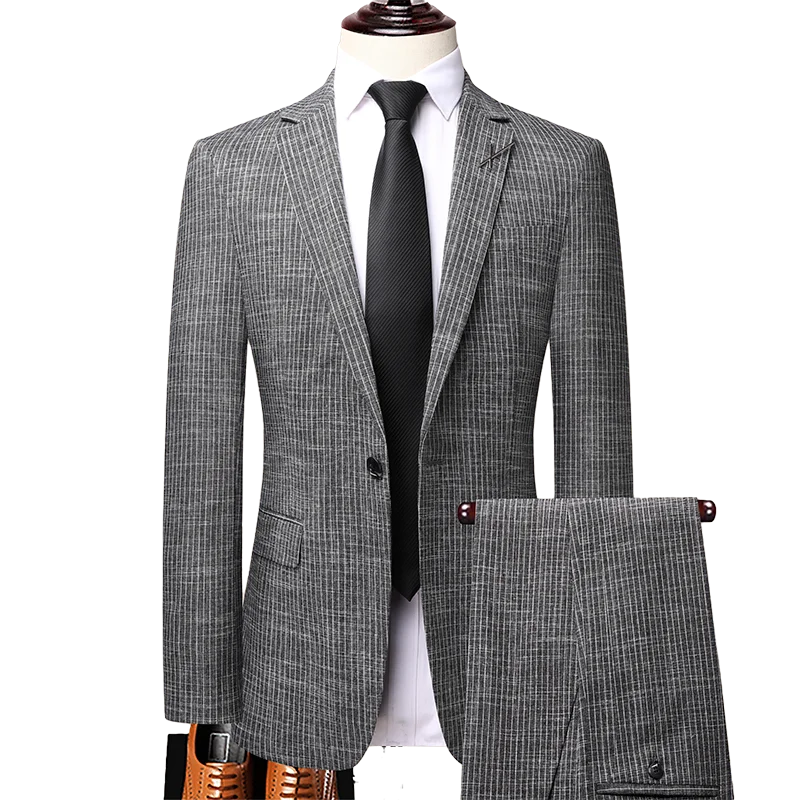 

(Jackets+Pants) 2022 New style Men's spring High quality cotton business Blazers/Male slim plaid Two suit/plaid groom dress 3XL