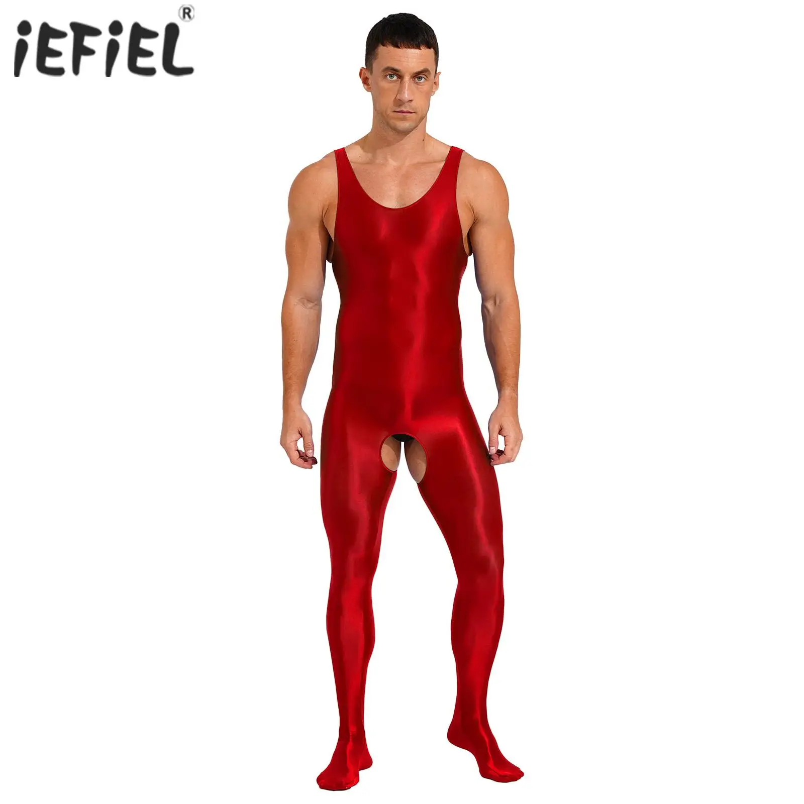 

Mens Open Crotch Full Body Bodysuit Footed Jumpsuit Lingerie Glossy Smooth Stretchy Sleeveless U Neck Crotchless Bodysuit