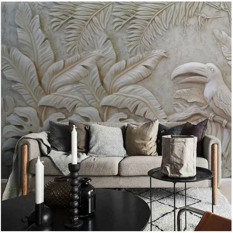 Кастомная 3D стереоскопическая серая рельефная тропическая обои с фотографией растительных листьев тукана. Модерн обои для домашнего декора.