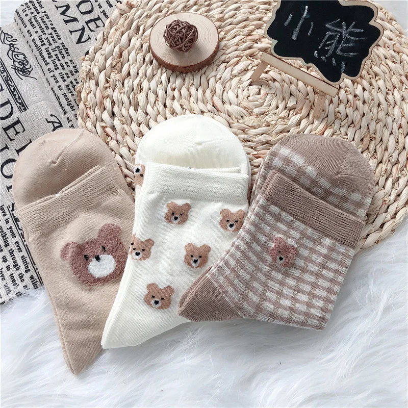 

New Brown Creative Bear Socks Female Middle Tube Socks Japanese Cute Small Fresh Wild Student Socks Autumn and Winter Socks