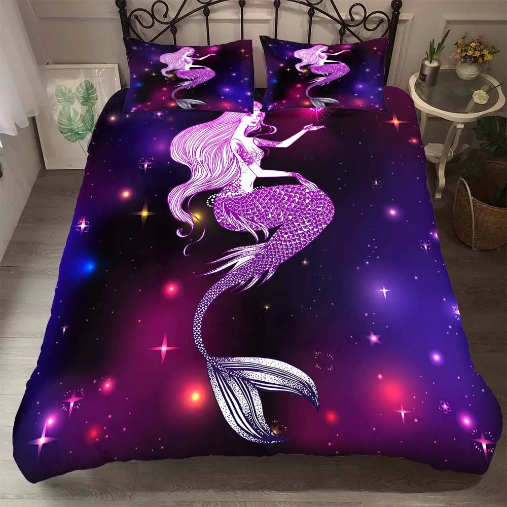 

Beautiful Mermaid with Star Moon Duvet Cover Set Sea Princess Mythology Bedding Microfiber Girls Quilt Cover Double King Bed Set