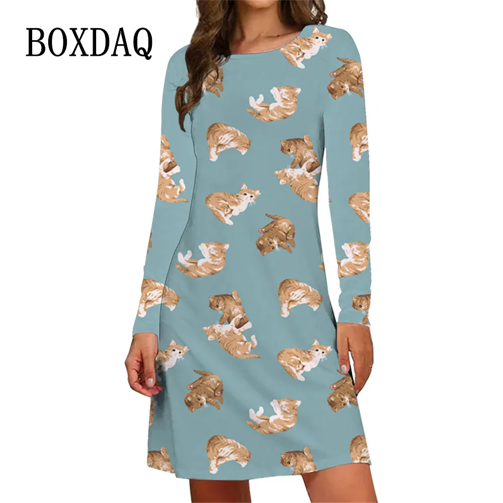 

Модное милое женское платье с круглым вырезом и забавным мультяшным принтом кошки платья с длинным рукавом Свободный пуловер платье-мини оверсайз осенняя одежда 2022