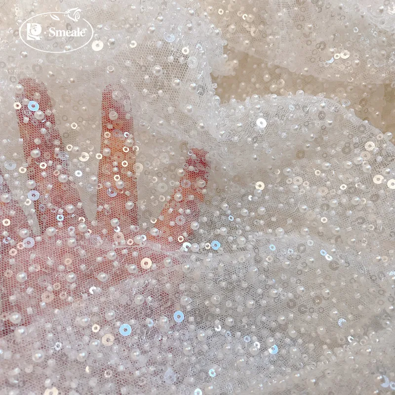 

Bridal Lace 3D Fabric Off White Luxury Beaded Sequin Wedding Dress Advanced Custom-made Sewing Fabric