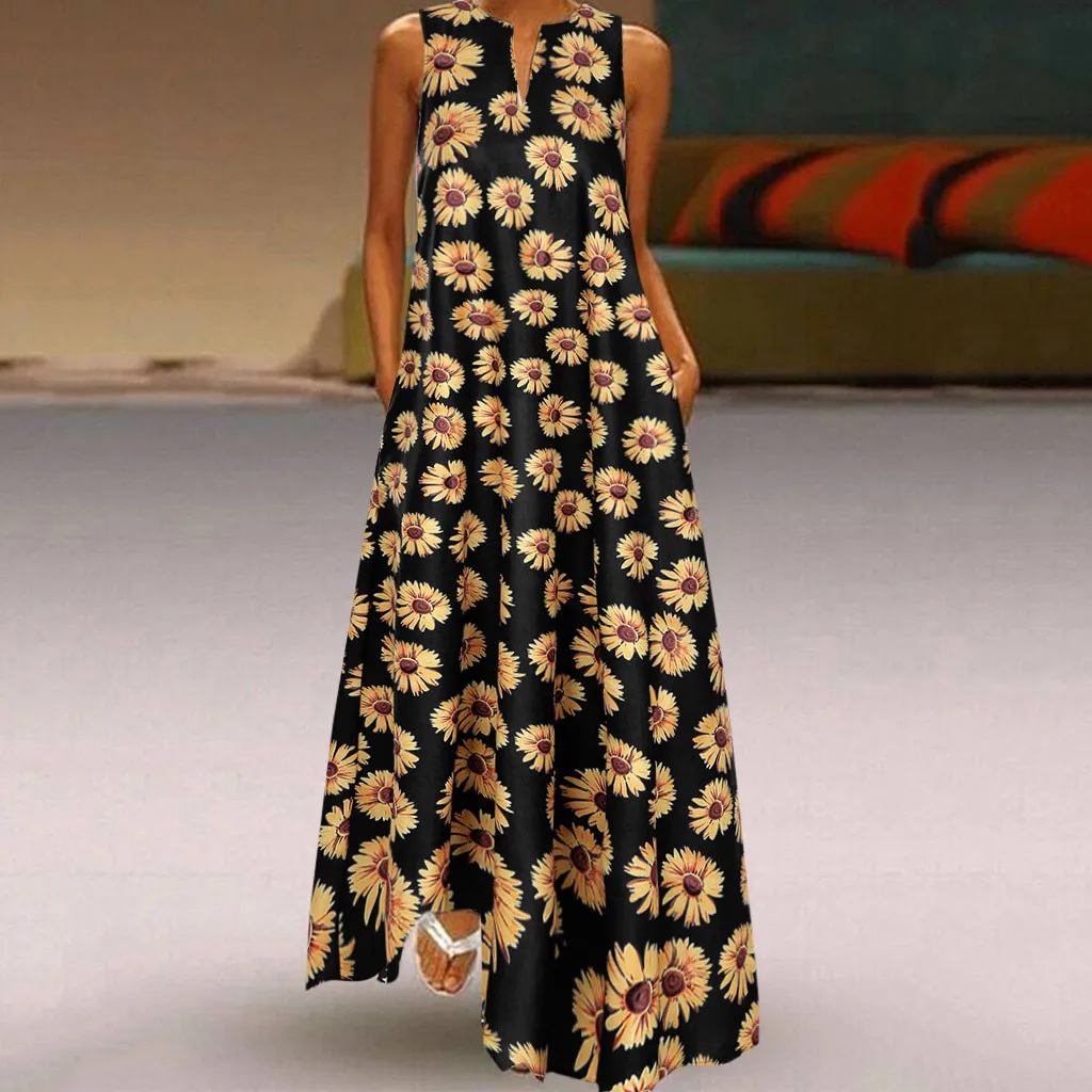 

Женское богемное платье макси без рукавов, винтажное длинное платье с подсолнухом, Повседневный Сарафан в стиле бохо с V-образным вырезом дл...