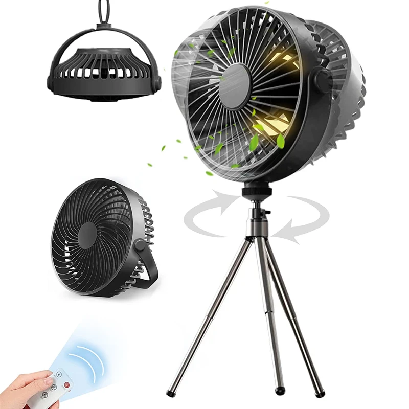 

Портативный вентилятор со светодиодной подсветкой и дистанционным управлением, перезаряжаемый потолочный вентилятор на 360 °, ручной вращающийся штатив-вентилятор для кемпинга на открытом воздухе