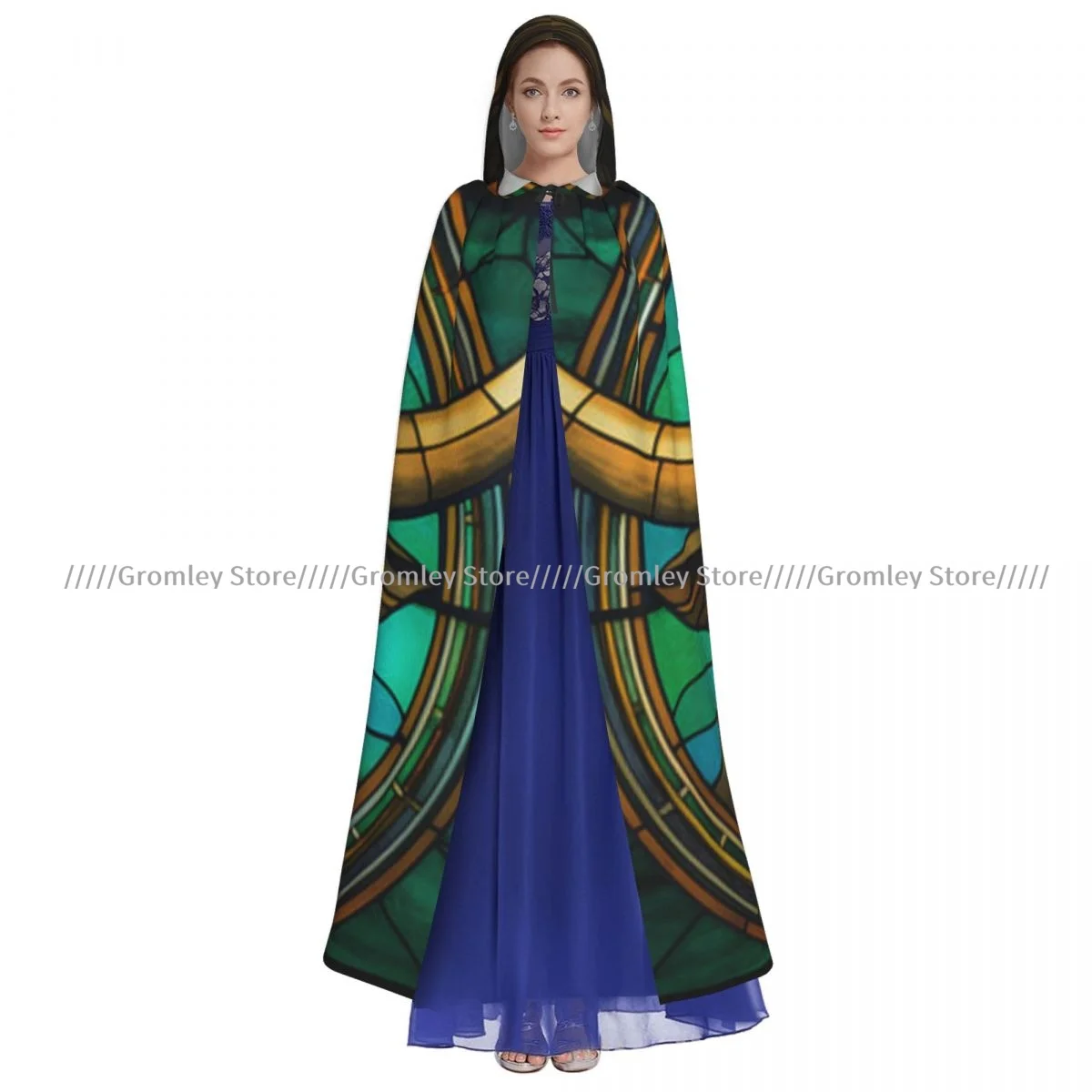 Длинный халат ведьмы с капюшоном в стиле витражного стекла накидкой быка на