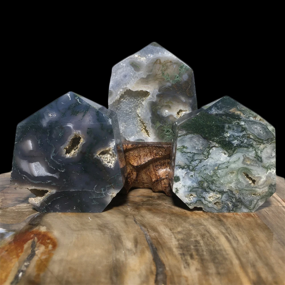 

Natural Druzy Moss Agate Geode Tower Crystals Quartz Fashion Ornament Gemstone Mineral Point Wand Home Decoration Reiki Healing