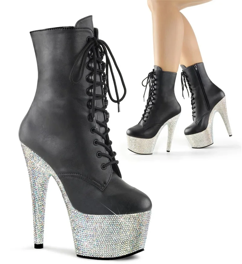 

17Cm Exotic Dancer Rhinestone Platform Boots Pole Dance Nightclub Stage Stripper Heels 8Inches Sexy Fetish Lace Up Women's Shoes