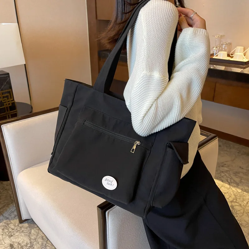 

College Style Casual Large Capacity Handbag Multiple Pockets Solid Canvas Bag for Girls Single Shoulder Bag Students Tote Bag