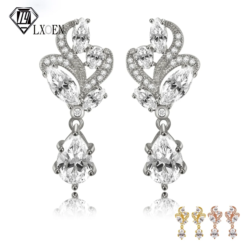 

LXOEN Luxury Cubic Zirconia Drop Earrings For Women Lovely Flower Pendent Earings Gold Silver color Earring Pulseras Mujer Gifts