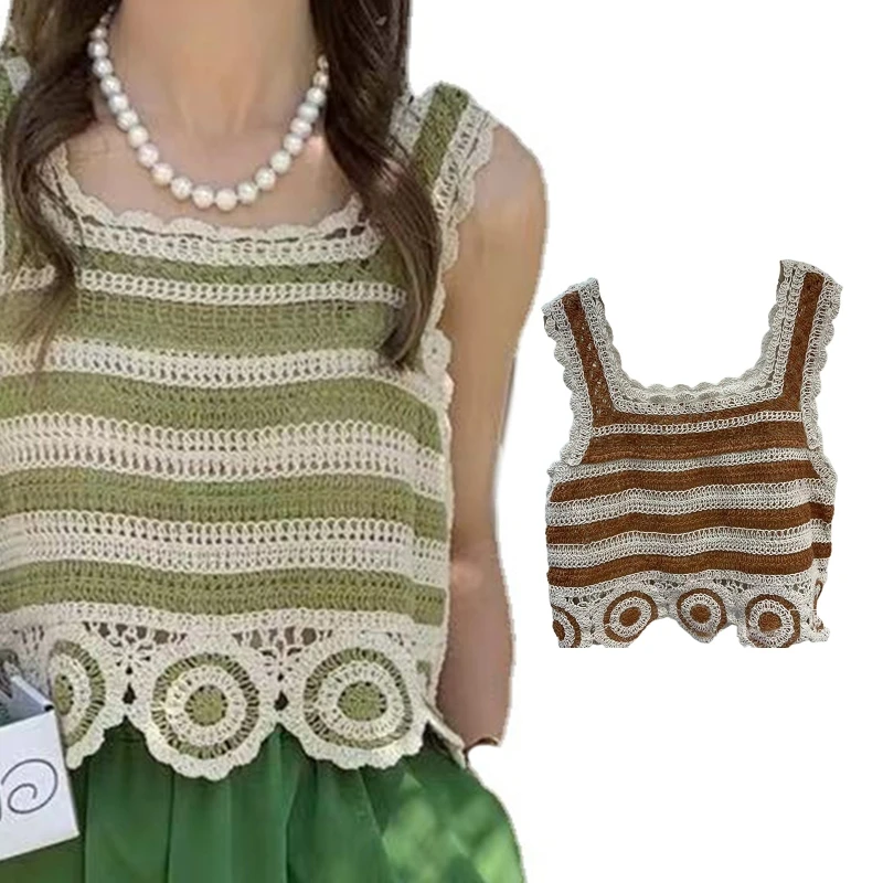 

41QC женская летняя богемная трикотажная укороченная майка, ажурная вязаная крючком майка с геометрическим узором, винтажный пляжный жилет б...