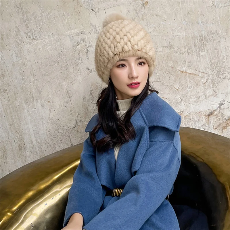 Russian Women's Winter Leather Hat Women's Warm Knit Genuine Mink Fur Hat Natural Fox Fur Baseball Hat Mink Fur Hat