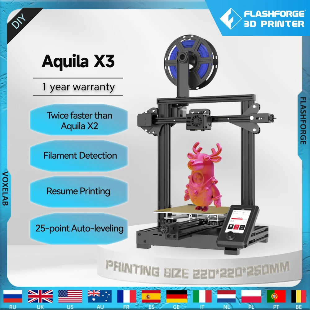 

Voxelab Aquila X3 FDM 3d Printer with 25 Point Auto-Leveling Fast Print 220*220*250mm Big Size Flexible Plate DIY 3d Printer Kit