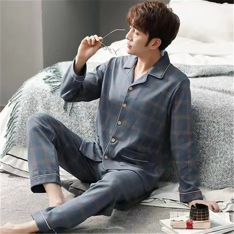 Pajamas Set Men 100% Cotton Spring Sleepwear Plus Size Full Sleeve Long Pants Striped Pyjamas Suits Male Homewear Lounge Wea