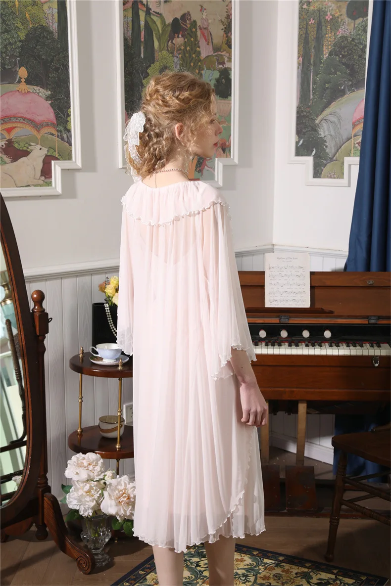 Women's Retro Chic Slim Fit Gauze Stitching Slip Dress with Removable Chest Pad Two Piece Set Nightgowns Sleepshirts Sleepwear