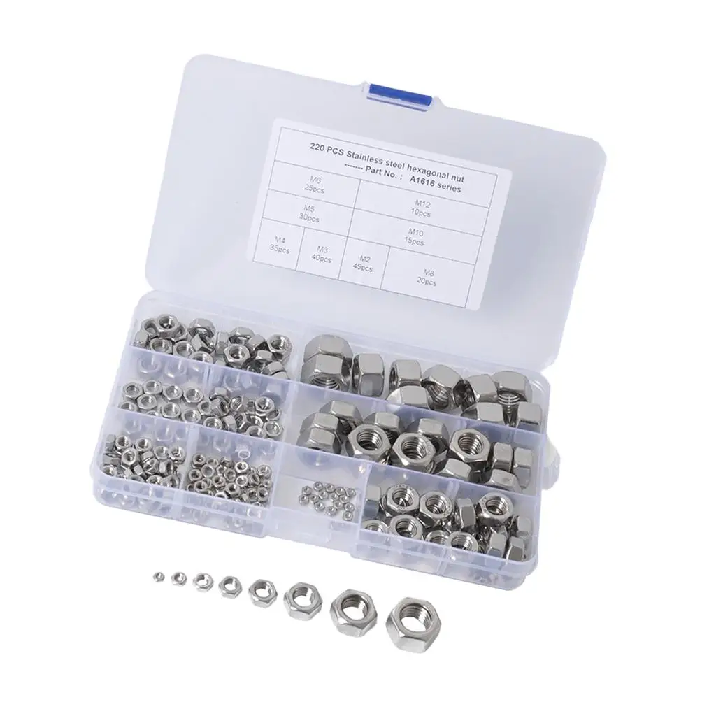

220pcs Metric M2 M3 M4 M5 M6 M8 M10 M12 304 Stainless Steel Hex Lock Nut