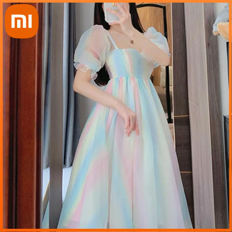 

Xiaomi French Princess Rainbow Dresses For Women Sweet Elegant Fairy Korean Victorian Dress Summer Beach Party Midi Dress Casual