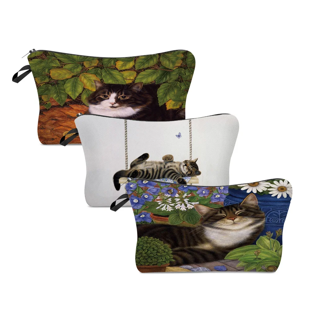

Women Portable Cosmetic Bags Garden Cat Print Wash Bag Pouch Travel Storage Zip Toiletries Organizer Female Pocket Money Bag