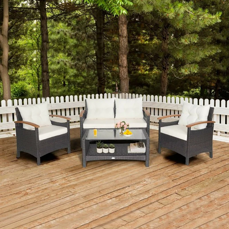 

Набор мебели из 4-х предметов из ротанга для внутреннего дворика с мягким диваном и столом для хранения, стулья, диван