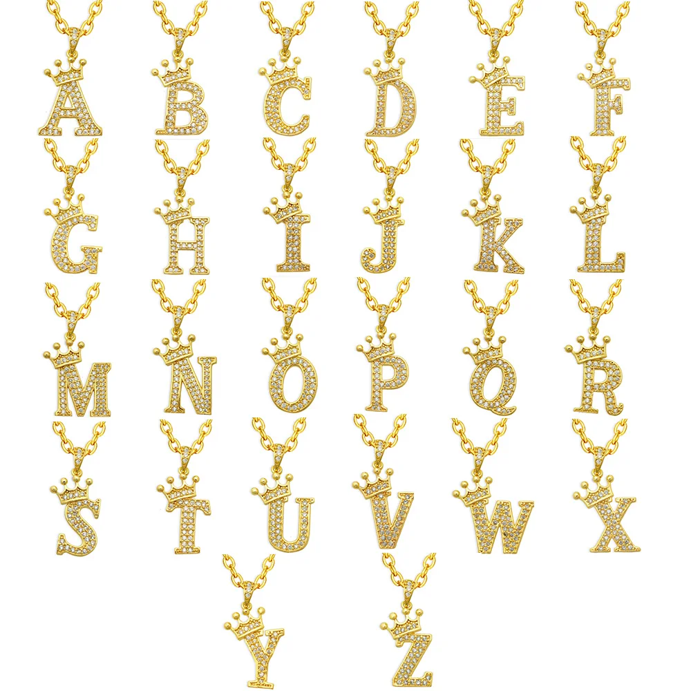 1 Set 26pcs A-Z 14K Gold Plated Cubic Zirconia Initial Name Crown Letter Pendant Necklace For Women Wholesale