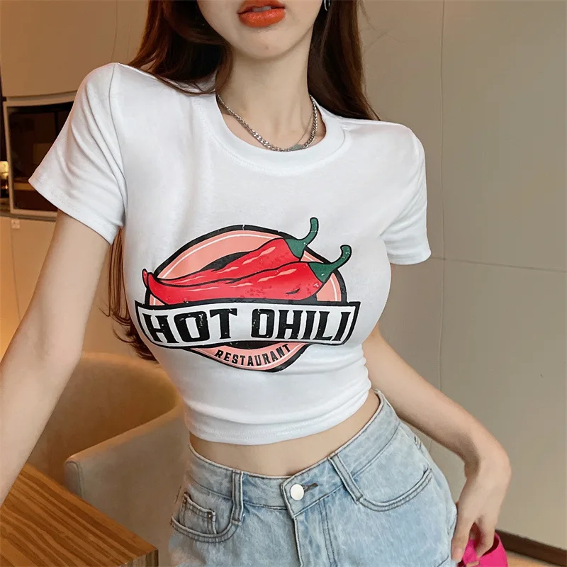 

Fashion Vintage Crop Top Streetwear Harajuku Short Tee Y2K Clothes women's T-shirt Tee Shirt Chili Graphics Fairy Grunge Tshirt