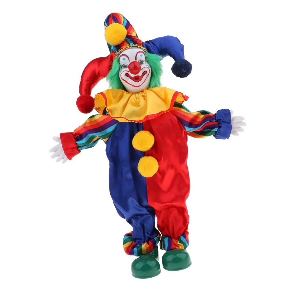 15 Inch Porcelain Smiling Clown Doll Wearing Colorful Outfits, Funny Harlequin Doll,   Props, Halloween Decor
