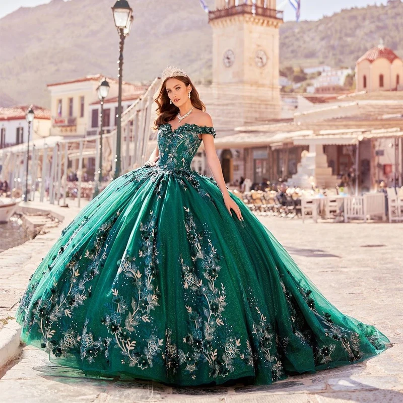 

Emerald Green Exquisite Ball Gown Quinceanera Dress 3D Flower Lace Up Back 15 Year Party Birthday Princess Formal Gown Vestidos