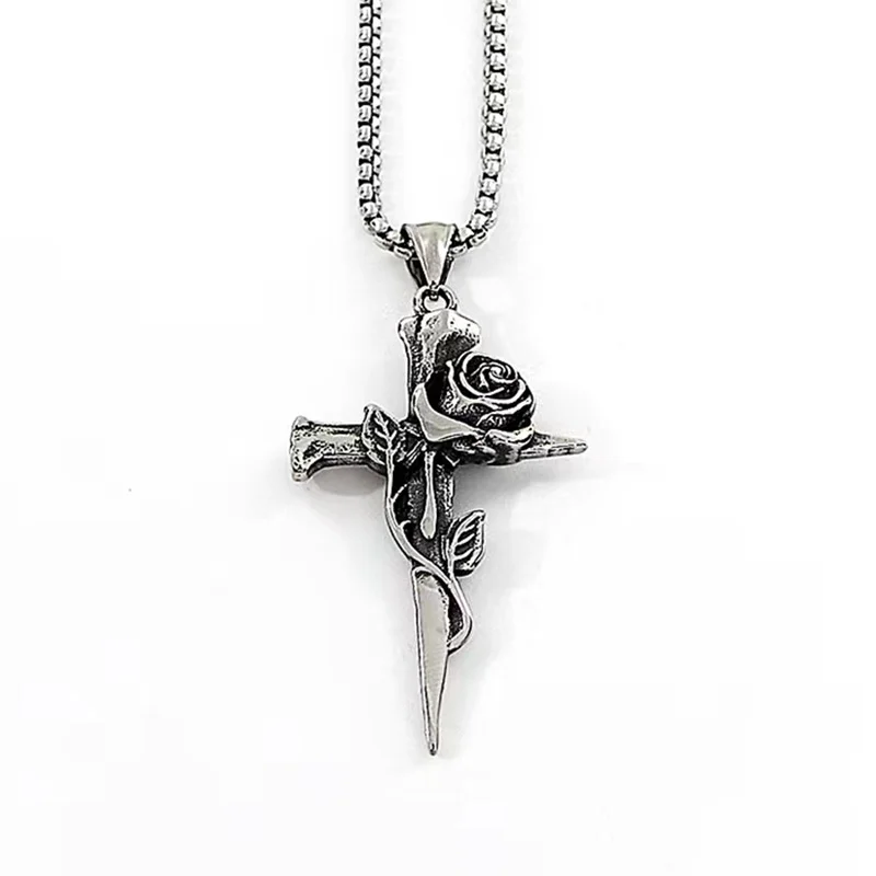 

Fashion Retro Rose Cross Necklaces For Men and Women Gift Hip Hop Couple Pendant Sweater Chain Punk Goth Jewelry Accessories