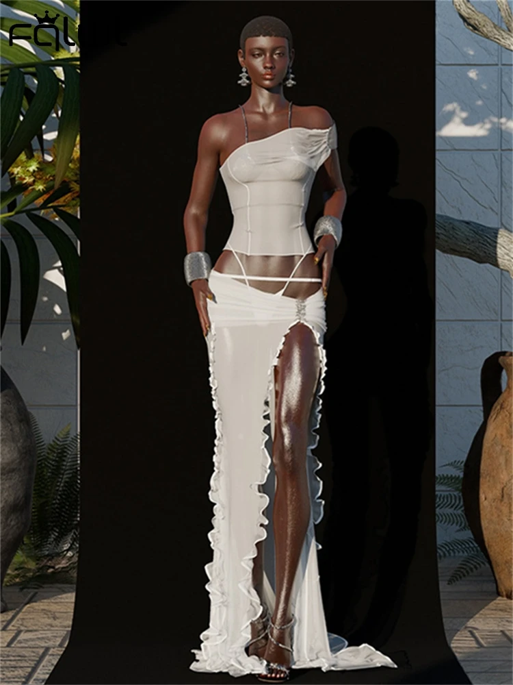 Женский прозрачный комплект из 3 предметов с открытым плечом и юбкой разрезом