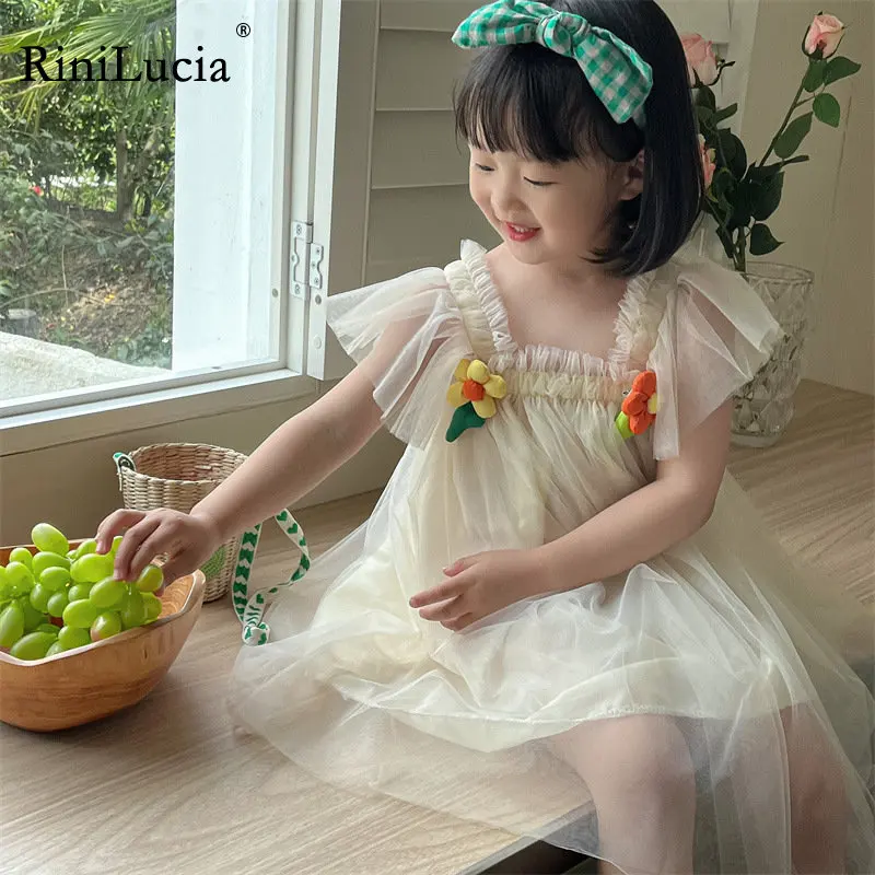 

New Baby Girls Princess Dress Summer Sleeveless Tulle Floral Girls Birthday Party Dress Children Kids Costume Clothing